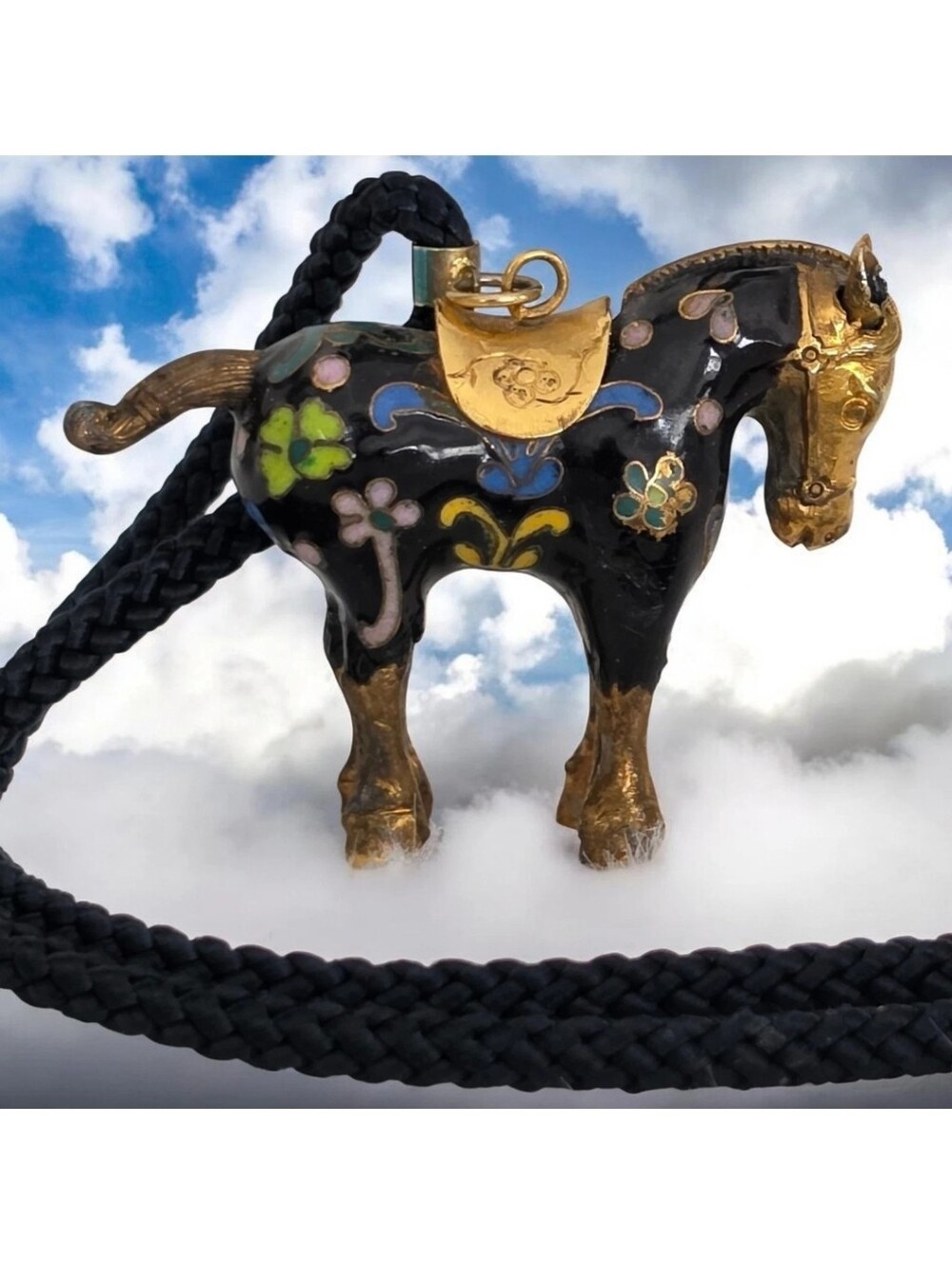 Vintage Chinese Cloisonné Horse Pendant Necklace Black Enamel Floral Equestrian